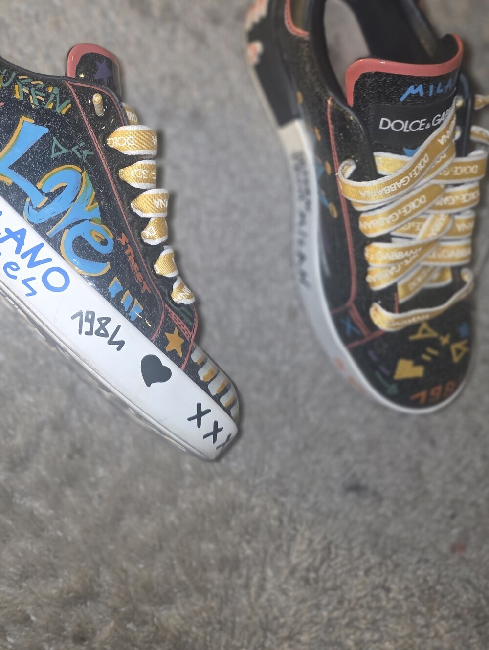Dolce & Gabbana Black Graffiti-Print Sneakers with Gold Laces